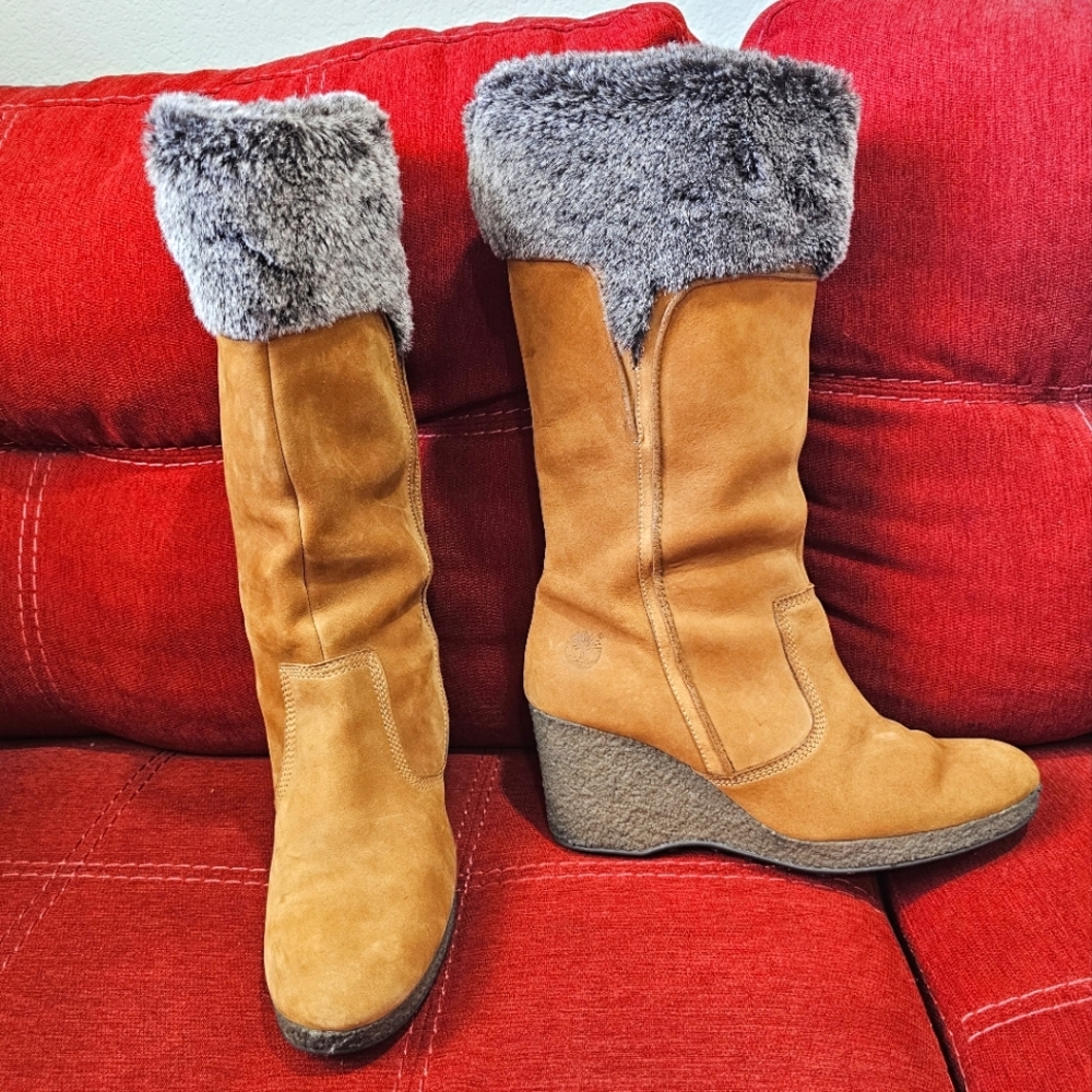 Timberland Tan Suede Wedge Boots with Gray Faux Fur Cuff